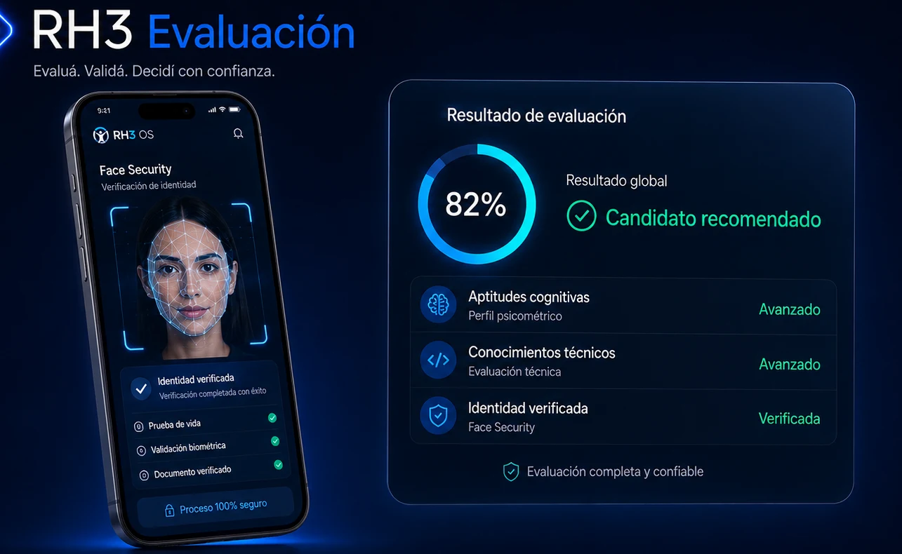 Celular con Face Security y panel de resultados de RH3 Evaluación.